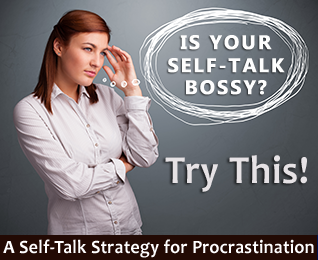 self-talk, woman with speech bubble, procrastination
