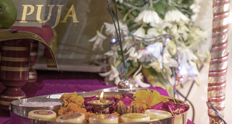 puja, pooja, meditation, ceremony, table with incense, flowers, candle